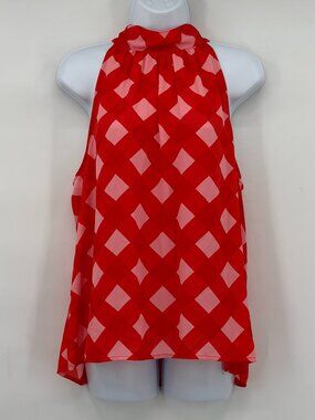 J.Crew Red Pink Geometric Halter Blouse Tie Neck Sleeveless Top10 Women NWT